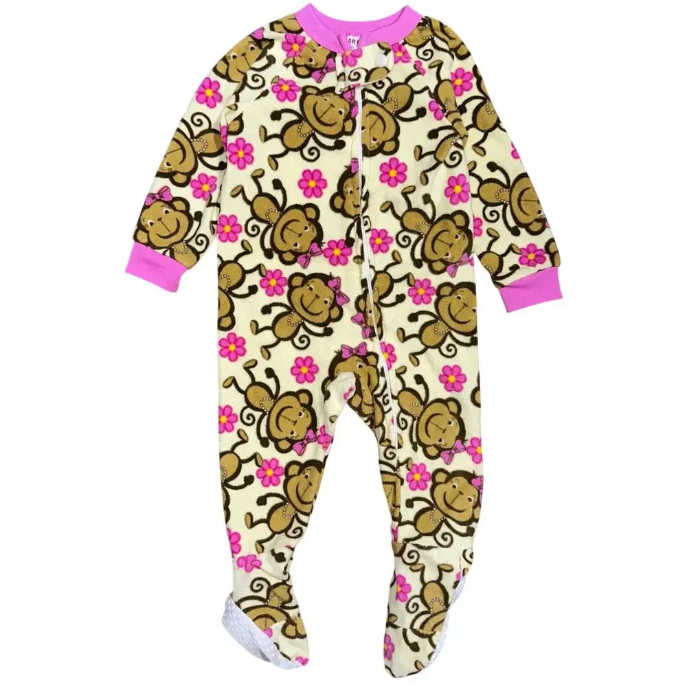 Vintage Carters Y2K Baby Girls Monkey Fleece Zip Up Footie Bodysuit Size 12M